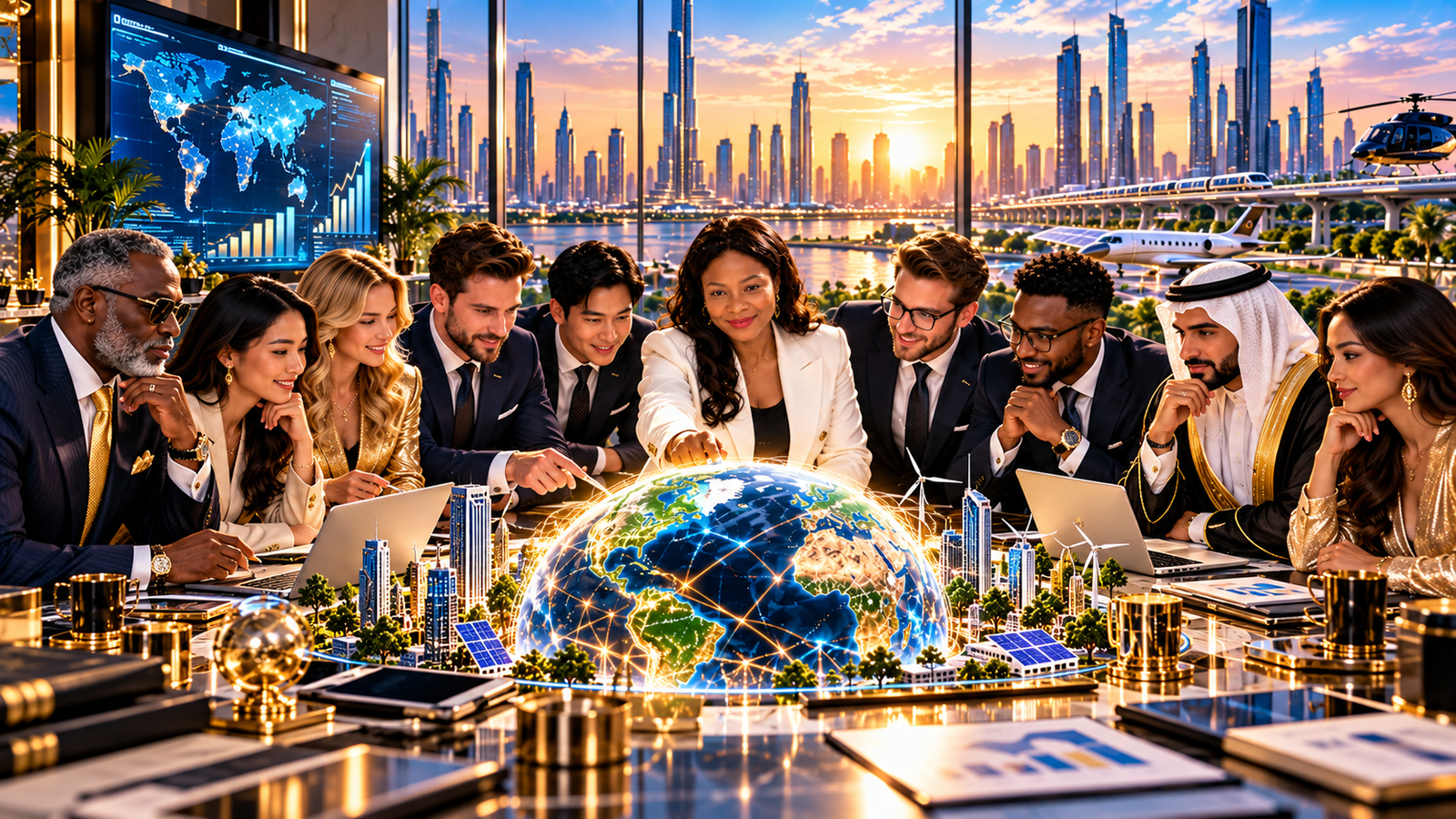 Global business leaders collaborating around a digital globe